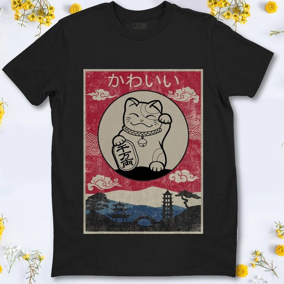 Cute Cat Anime Vintage Kawaii Cat Anime Unisex T-Shirt For Men Women - Picture 1 of 2